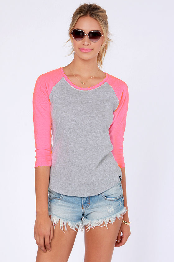 pink and gray raglan shirt