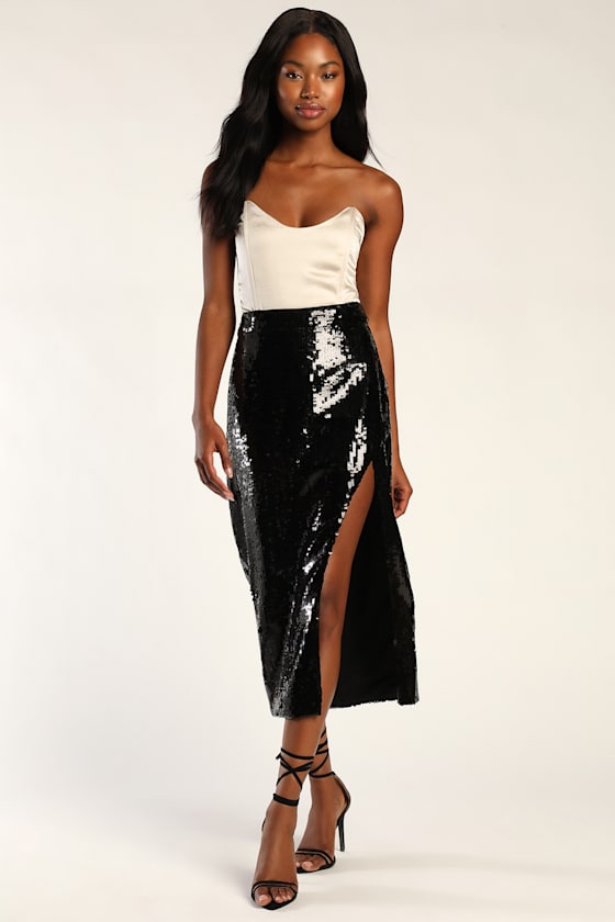 Throwing Sparkles Shiny Black Sequin Midi Skirt 5