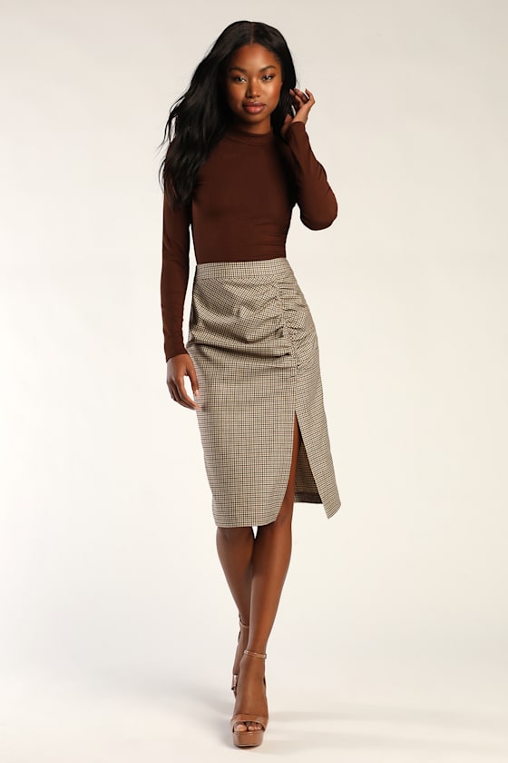 Brown Plaid Skirt Ruched Midi Skirt HighWaisted Skirt Lulus