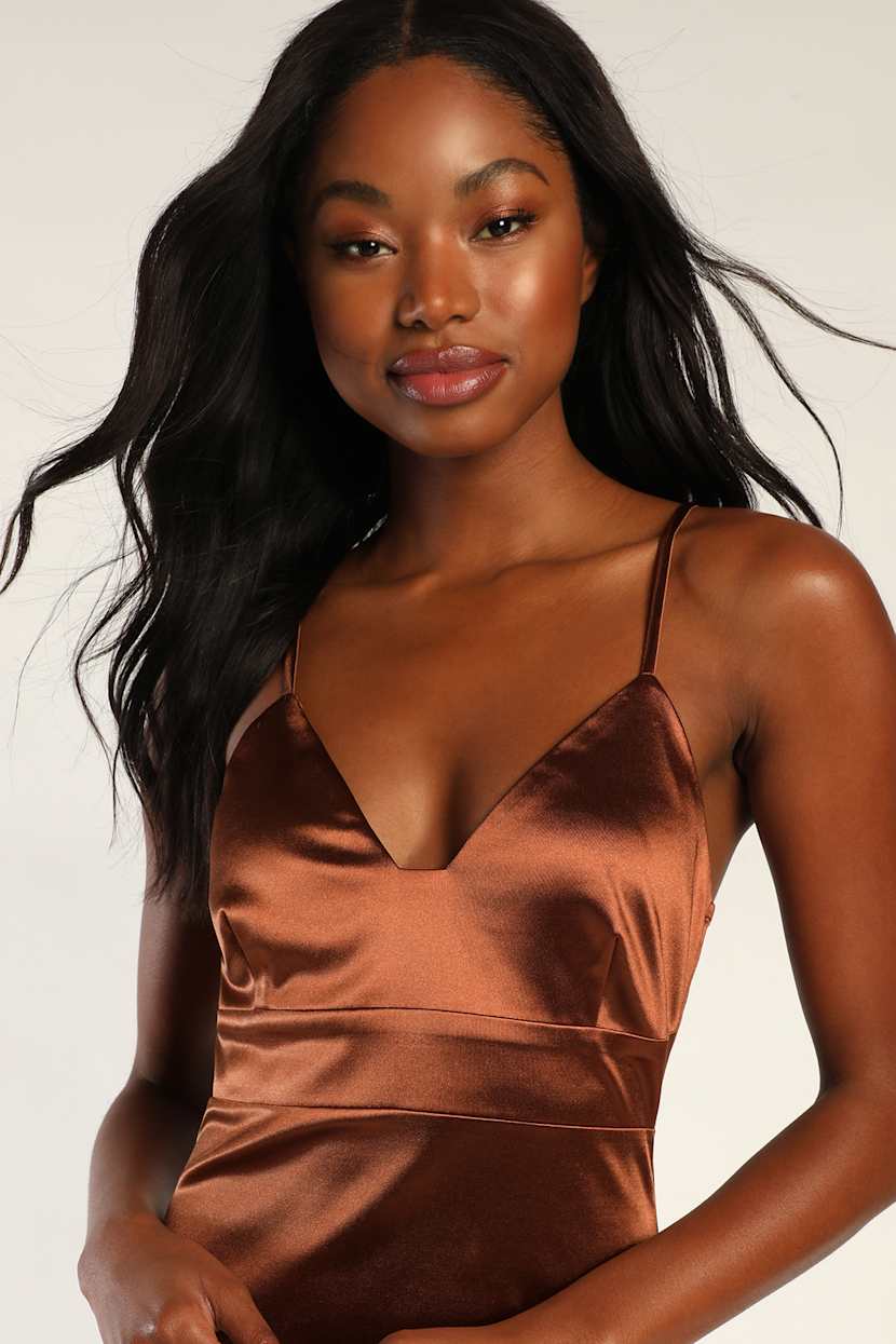 Bronze Midi Dress - Satin Dress - Bodycon Dress - V-Neck Dress - Lulus