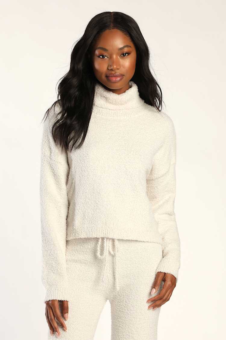 White Fluffy Turtleneck Sweater Fluffy Knitted Turtleneck Sweater