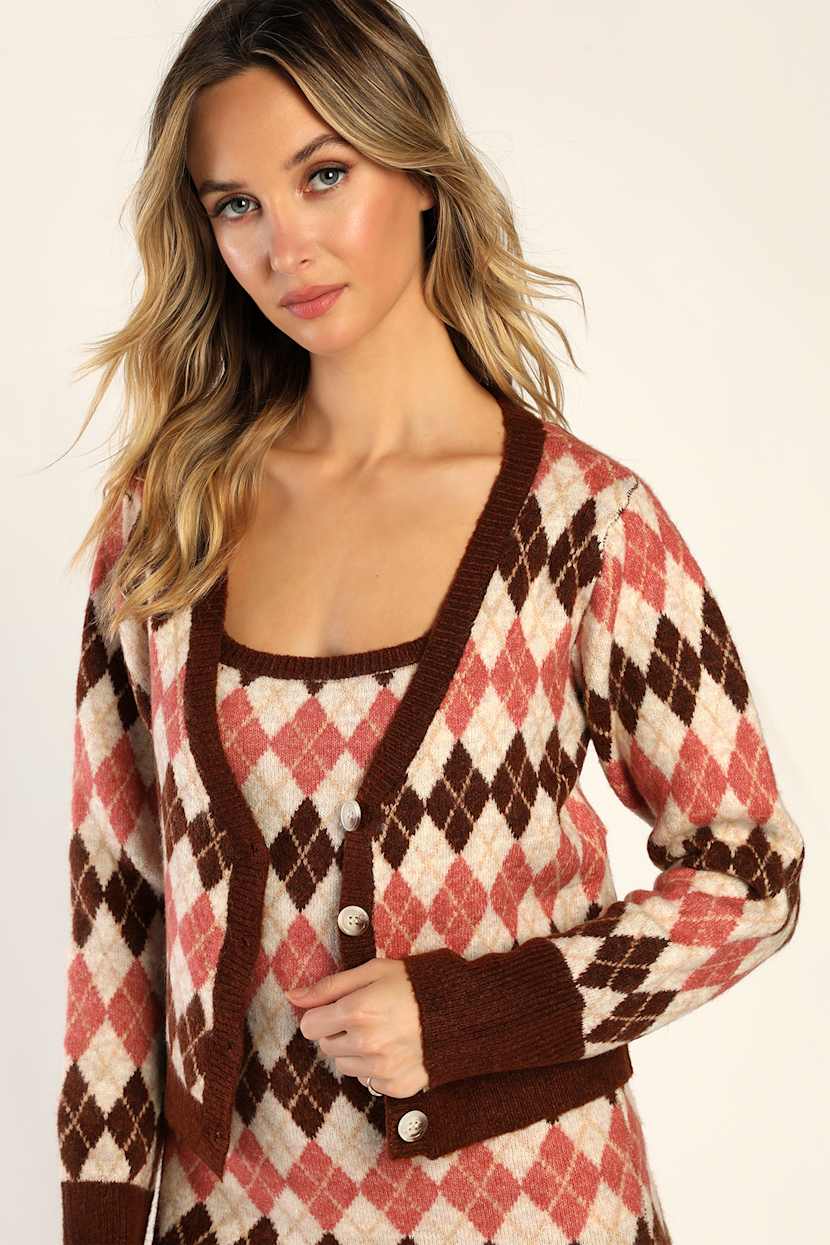 Clued In Cutie Brown Multi Argyle Two-Piece Mini Sweater Dress Clued In Cutie Brown Multi Argyle Two-Piece Mini Sweater Dress