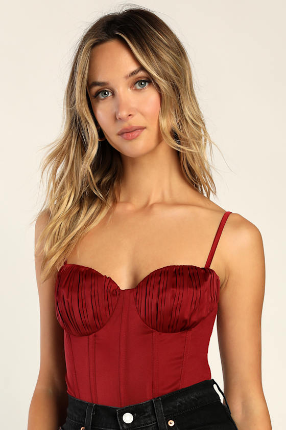 Pleat The Rush Burgundy Pleated Bustier Bodysuit 2