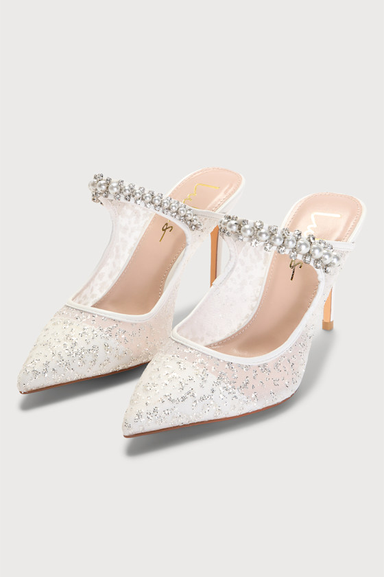 Sephoraa White Mesh Glitter Pearl Pointed-Toe Mule Pumps 3