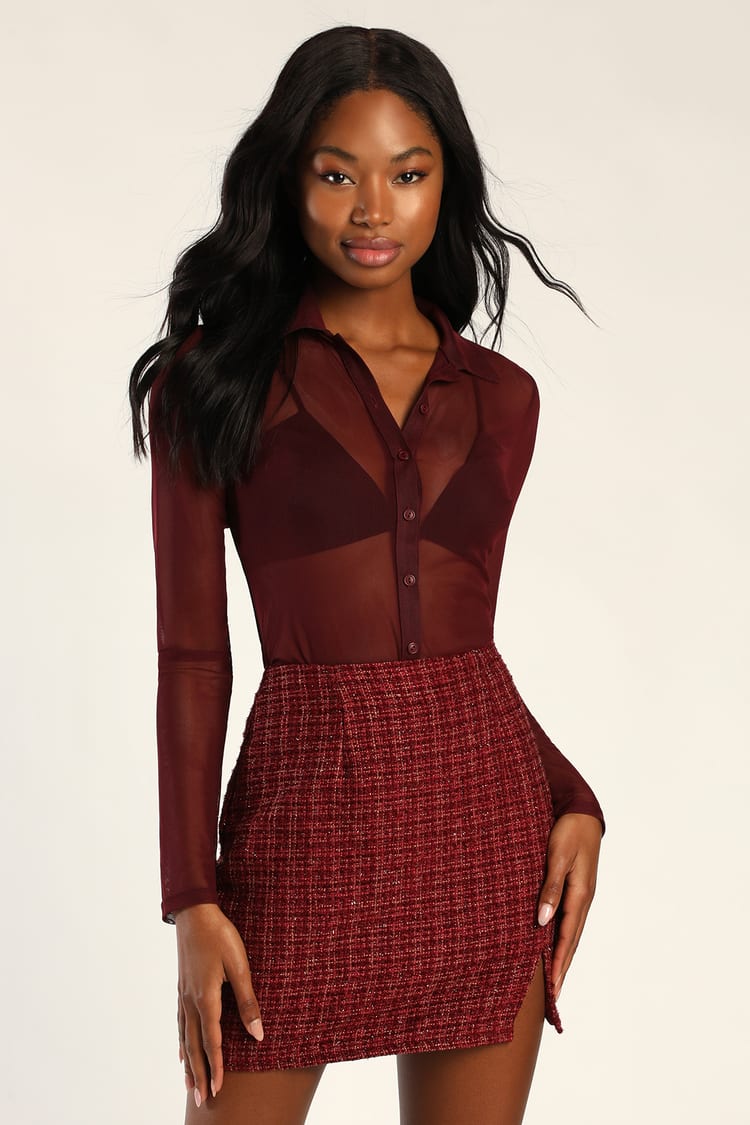 Sheer-ly Mine Burgundy Mesh Long Sleeve Button-Up Top