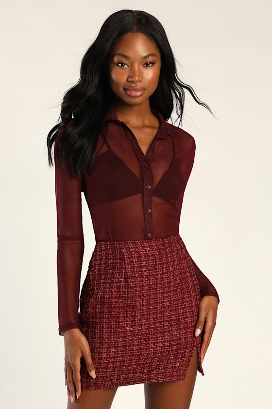 Sheer-ly Mine Burgundy Mesh Long Sleeve Button-Up Top 5