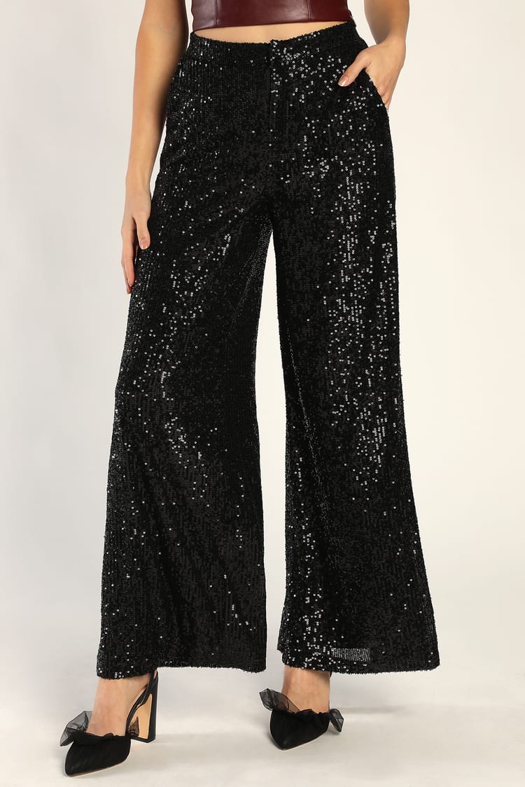 All Night Sparkle Black Sequin High Rise Wide-Leg Pants