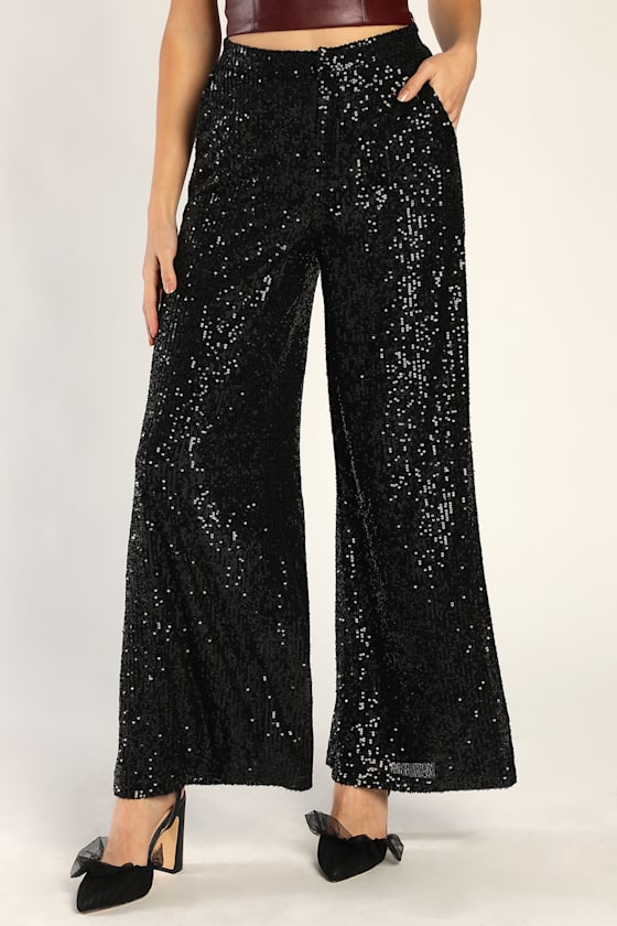 All Night Sparkle Black Sequin High Rise Wide-Leg Pants 4