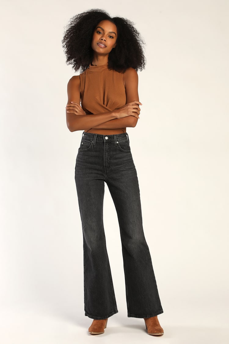 70s High Flare Washed Black High Rise Jeans