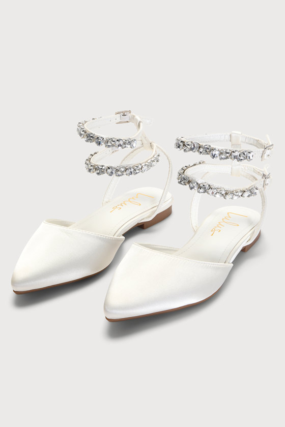 Boxton White Satin Rhinestone Pointed-Toe Ankle Strap Flats 3