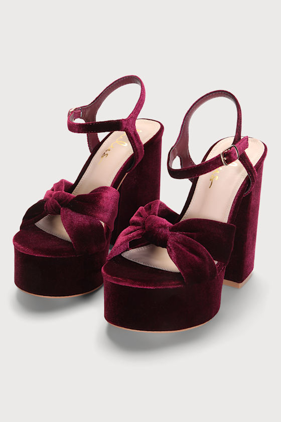 Falura Wine Red Velvet Knotted Platform High Heel Sandals 3