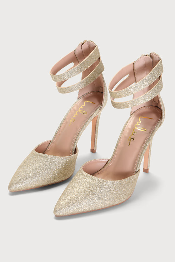 Billyy Gold Glitter Pointed-Toe Ankle Strap Heels 1
