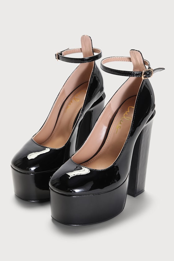 Tellier Black Patent Platform Ankle Strap Pumps 2