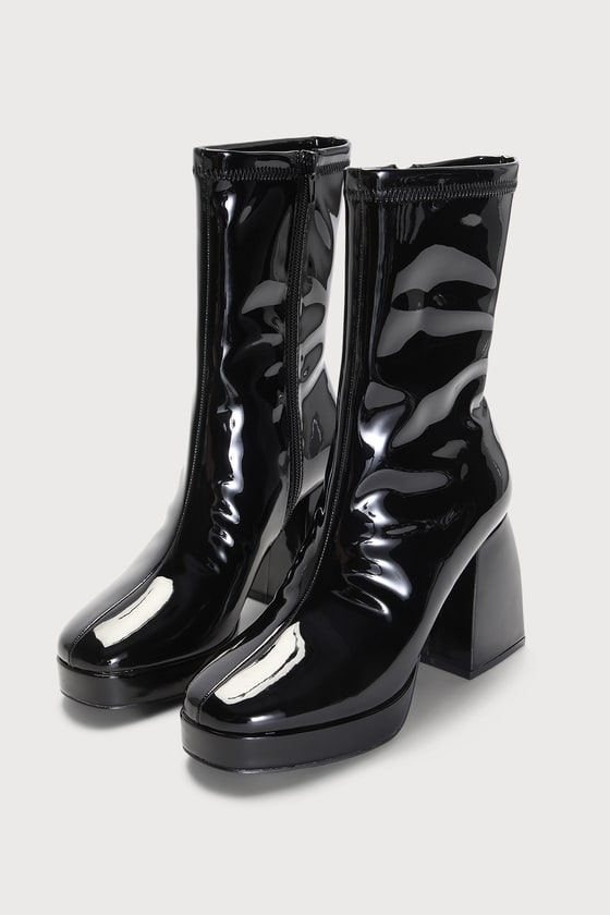 Black Mid-Calf Boots - Black Patent Leather Boots - Go-Go Boots - Lulus