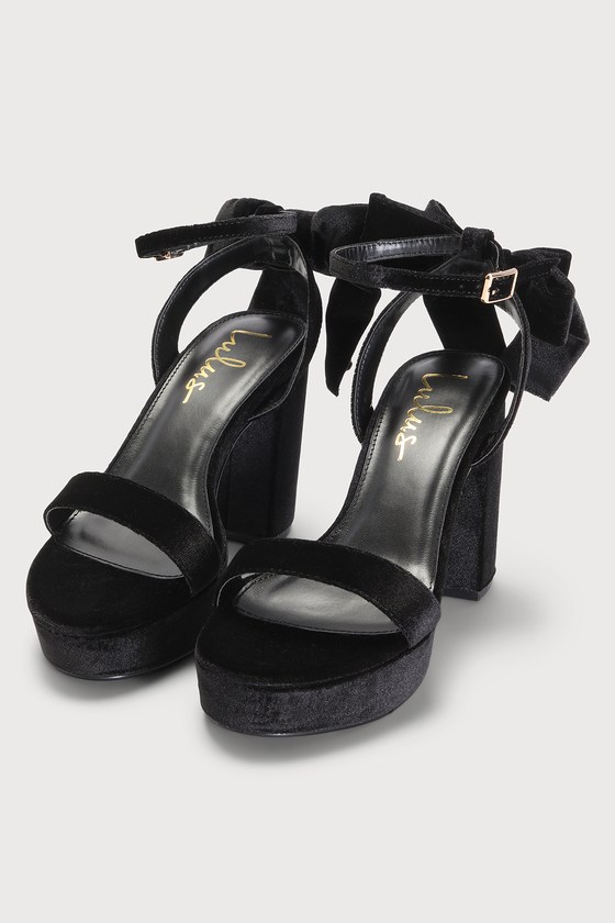 Lulus Sassyy Black Velvet Bow Platform Ankle Strap Sandal Heels