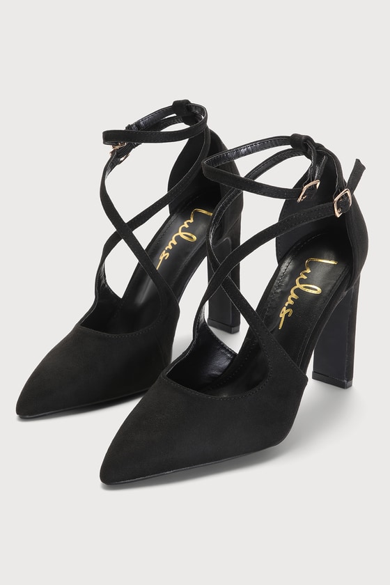 Lulus Fernany Black Suede Pointed-toe Ankle Strap Pumps In Black