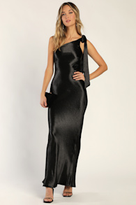Lavish Looks Black Satin One-Shoulder Tie-Strap Maxi Dress 2