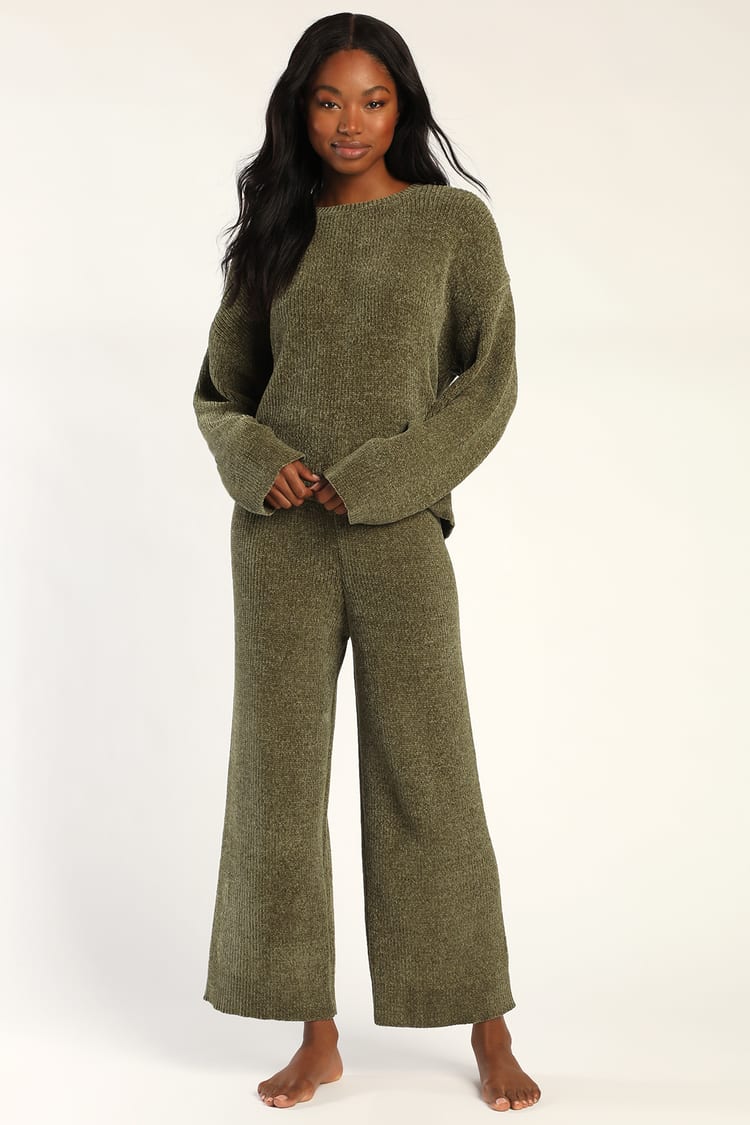 Comfy Cutie Olive Green Chenille Sweater Pants