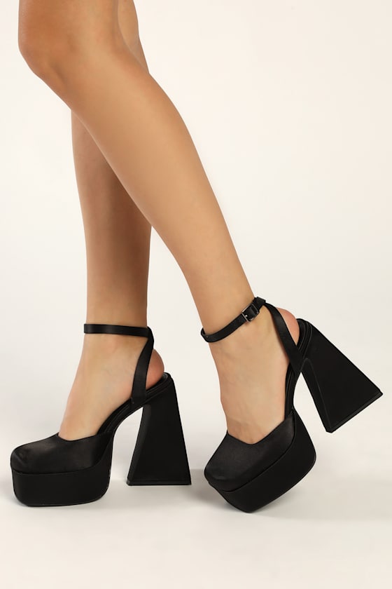 Rya Black Satin Platform Ankle Strap Pumps 4