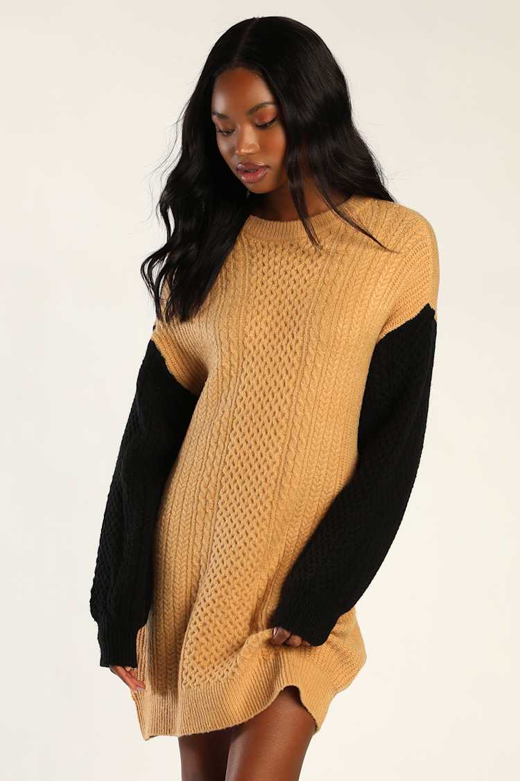 Beige & Black Sweater Dress - Color Block Sweater Dress - Lulus