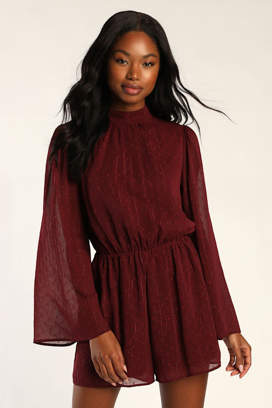 Burgundy Clip Dot Romper - Bell Sleeve Romper - Lurex Romper - Lulus