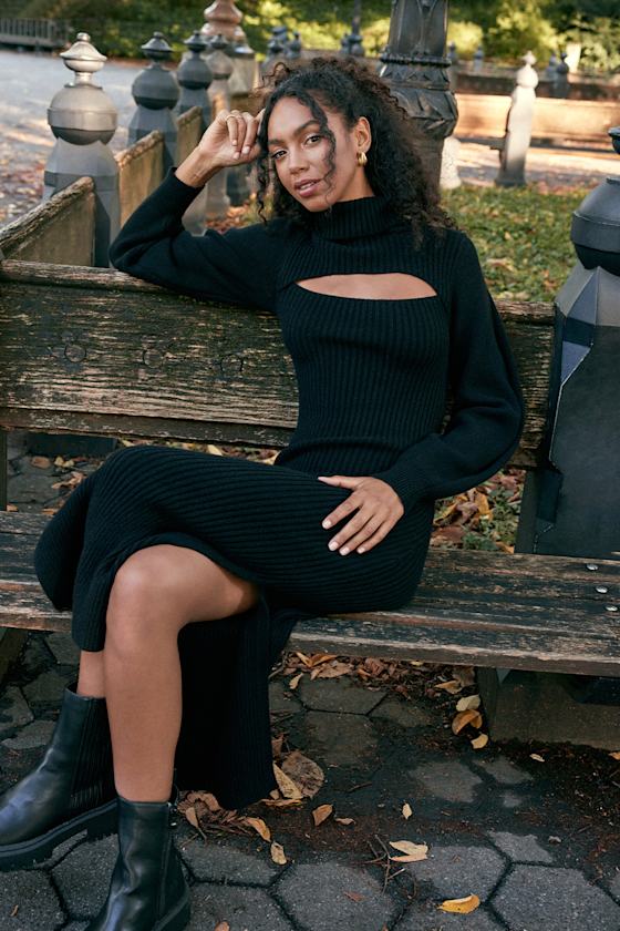 Black Ribbed Knit Dress - Turtleneck 