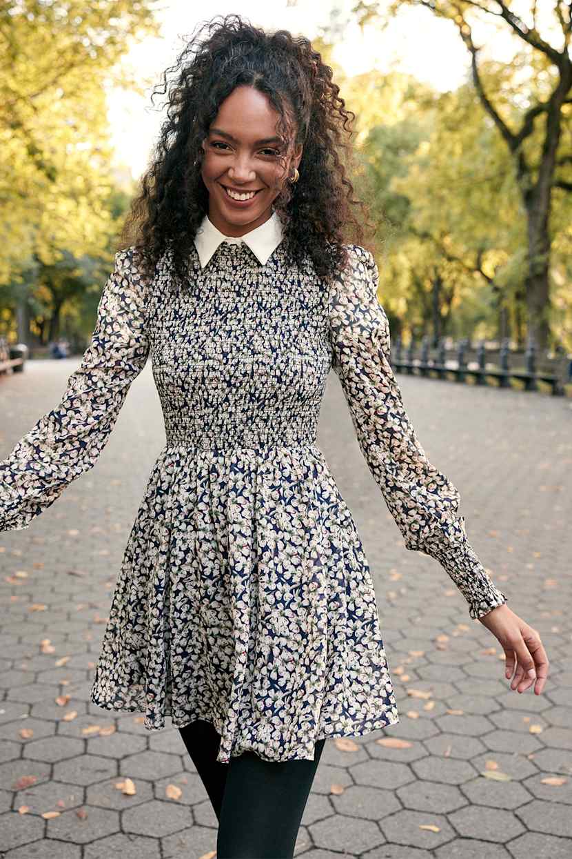 navy blue floral skater dress Navy Blue Dress - Floral Print Skater Dress - Smocked Dress