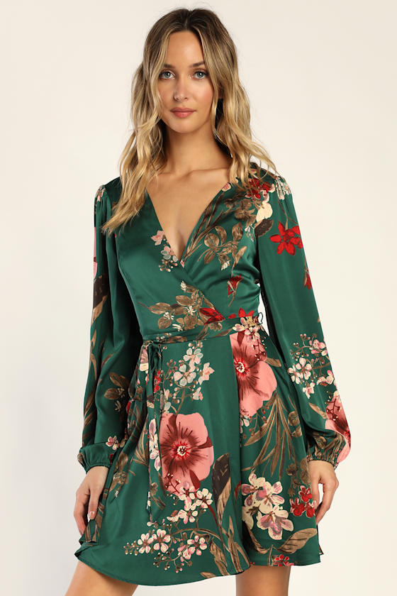 Green Floral Print Mini Dress Long Sleeve