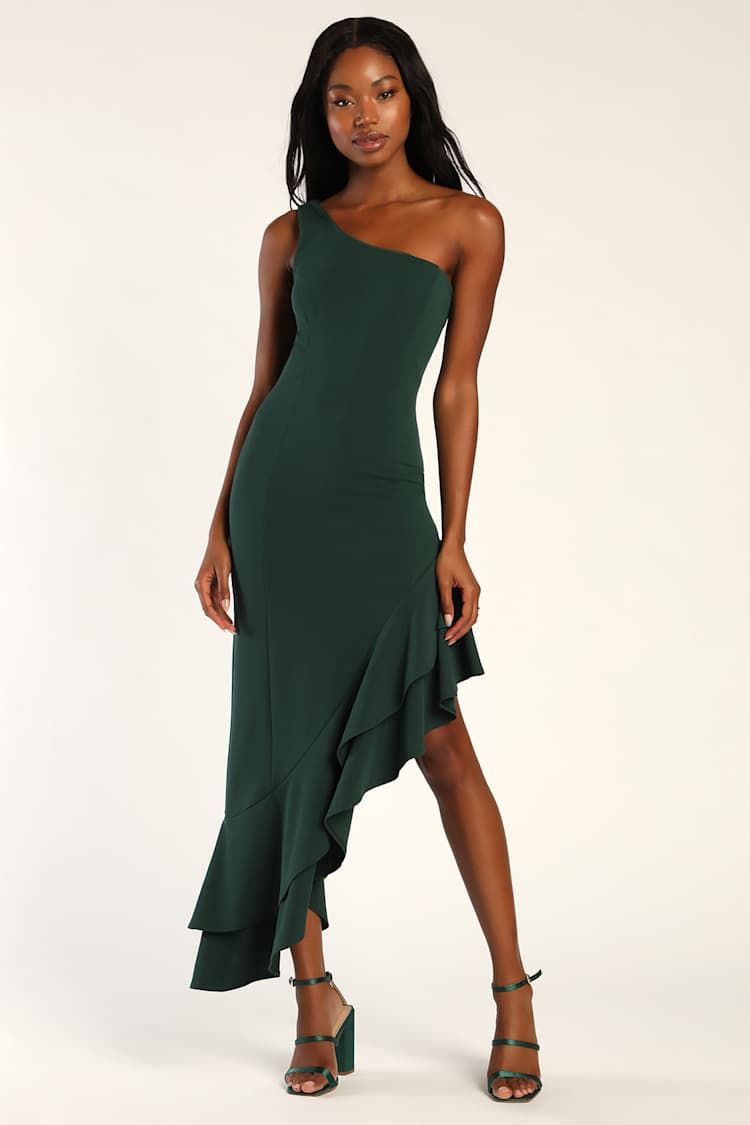 knee length dresses for ladies Forest Green Off Shoulder Fitted Midi Dress main image 1