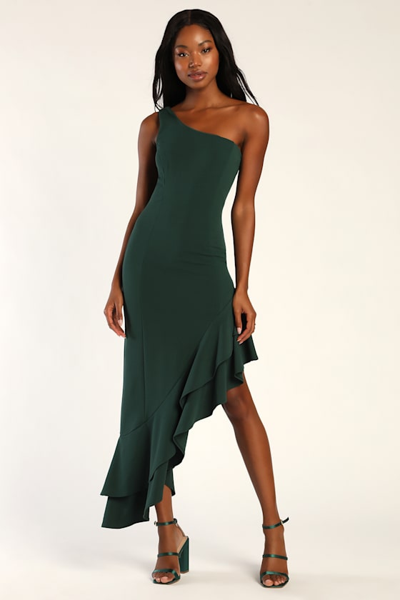 Steal a Glance Forest Green One-Shoulder Asymmetrical Midi Dress 1