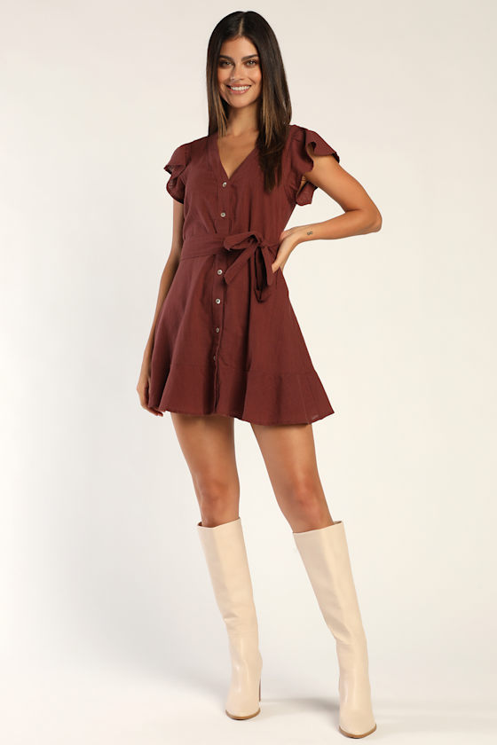 Breezy Brown Dress ButtonUp Dress Ruffled Cotton Mini Dress Lulus