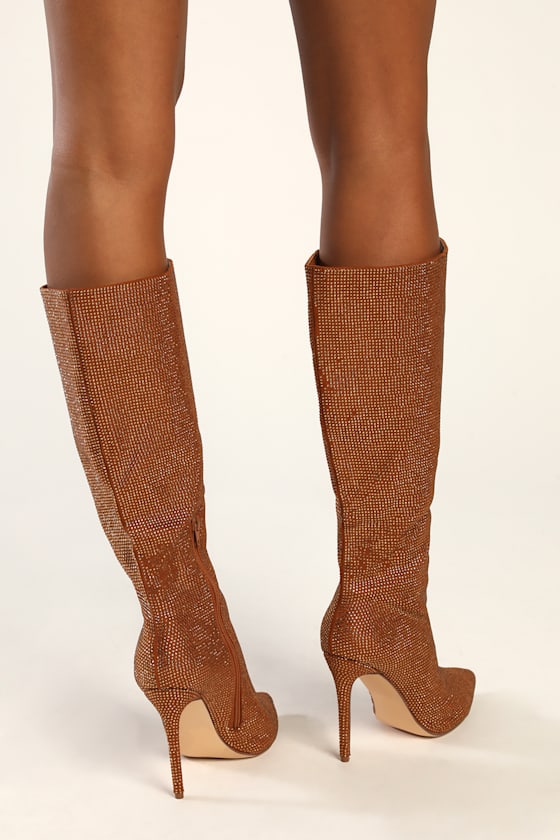My Crush Brown Rhinestone Pointed-Toe Knee-High Boots 2