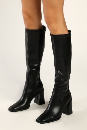 Michella Black Square Toe Knee High Boots