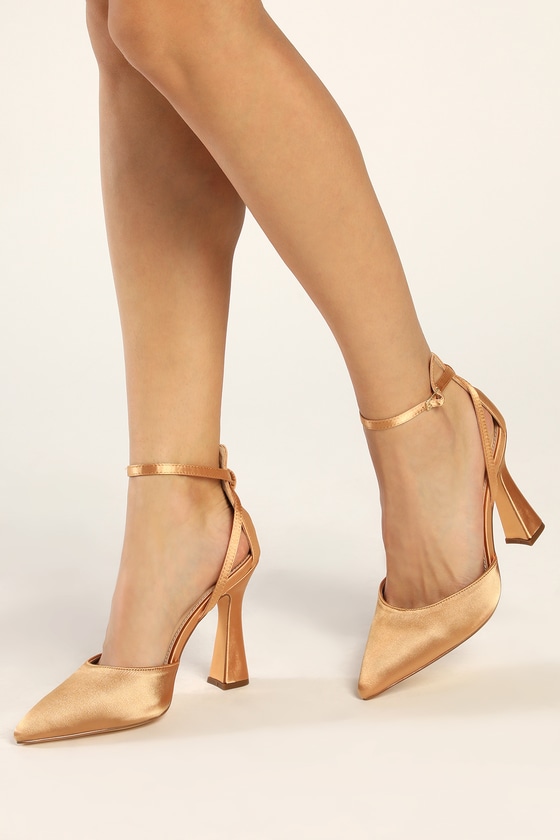Lulus Shenay Gold Satin Pointed-toe Ankle Strap Pumps