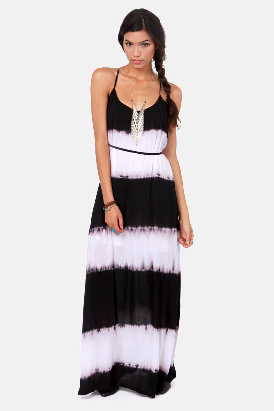 black and white tie dye maxi dress Boho Black White Tie-Dye Maxi Dress Womens Summer Tank Beach Cover-Up S