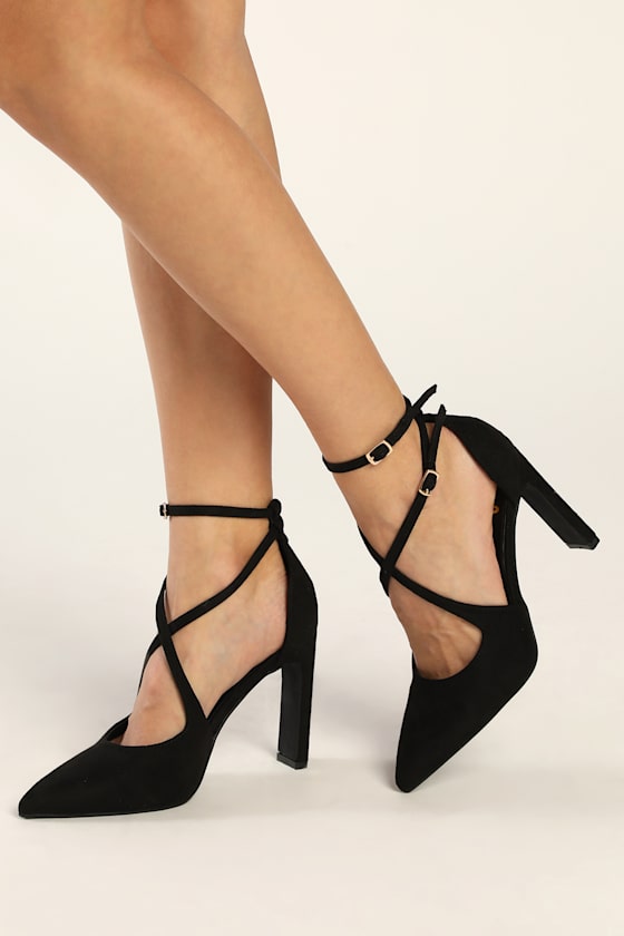 Fernany Black Suede Pointed-Toe Ankle Strap Pumps 2