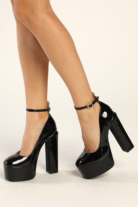 Tellier Black Patent Platform Ankle Strap Pumps 2