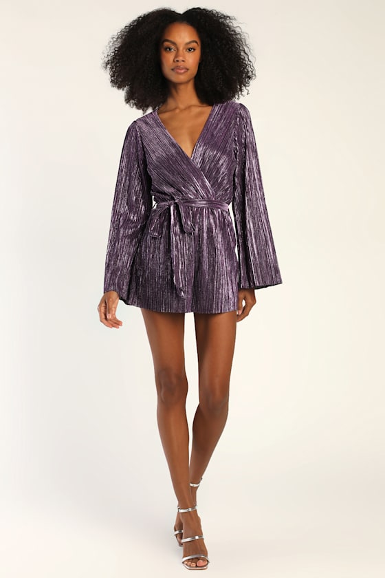 Party Starts Here Purple Metallic Pleated Long Sleeve Romper 3