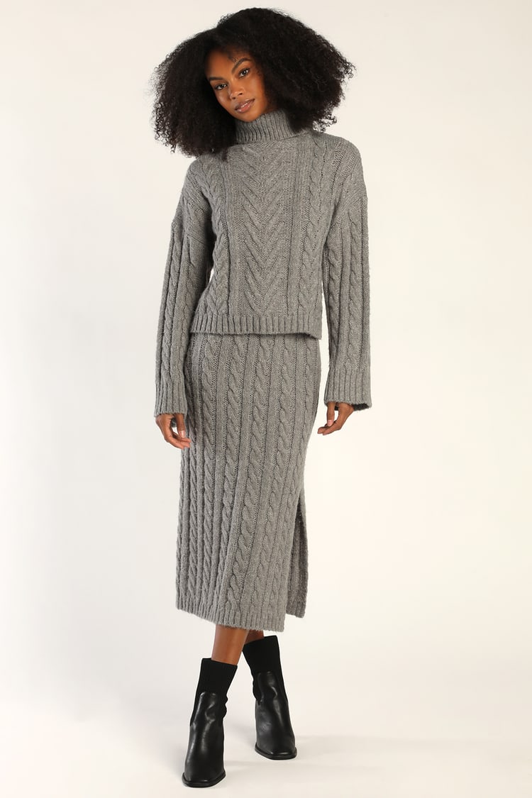 Grey Midi Dress - Cable Knit Dress - Two-Piece Sweater Dress - Lulus