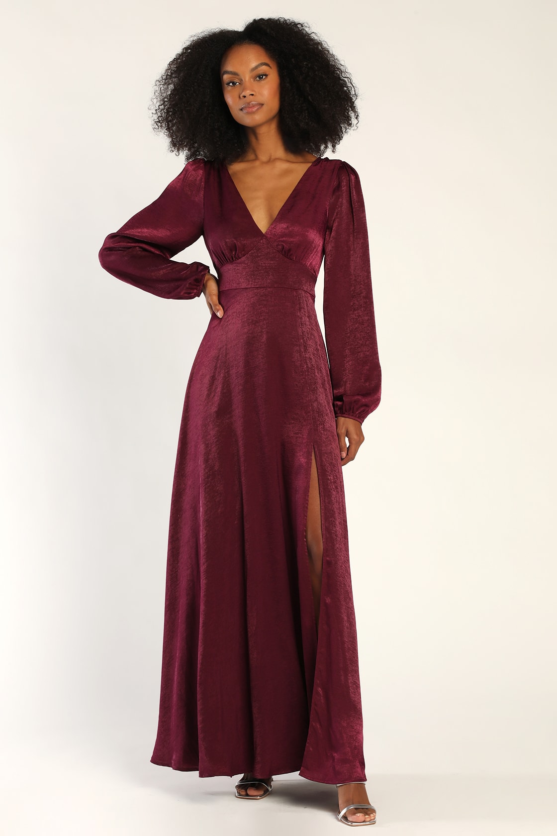 Perfectly Gorgeous Plum Purple Satin Long Sleeve Maxi Dress