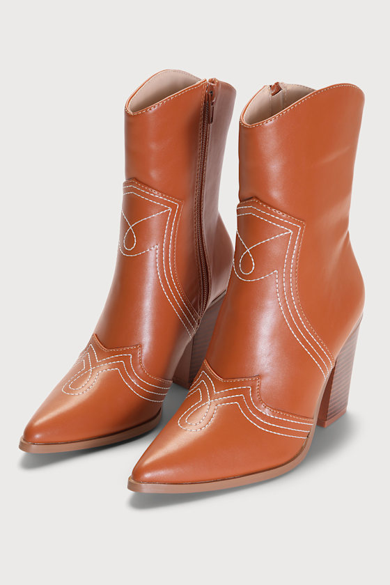 Gladley Tan Pointed-Toe Mid-Calf Western Boots 2