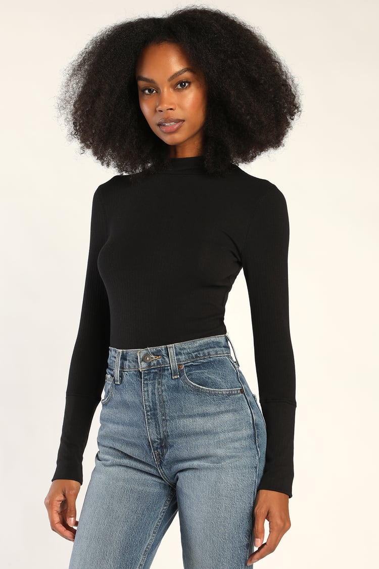 The Rickie Black Ribbed Mock Neck Long Sleeve Top