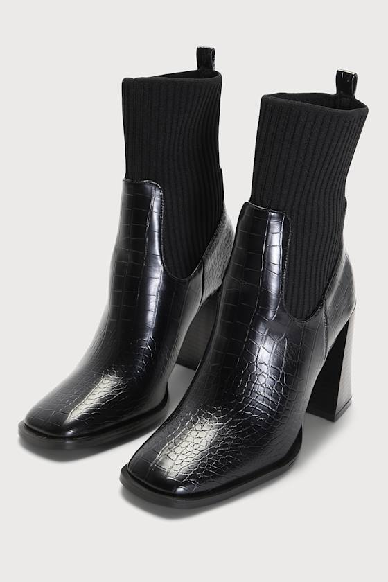 Naynee Black Crocodile-Embossed Square Toe Mid-Calf Boots 1