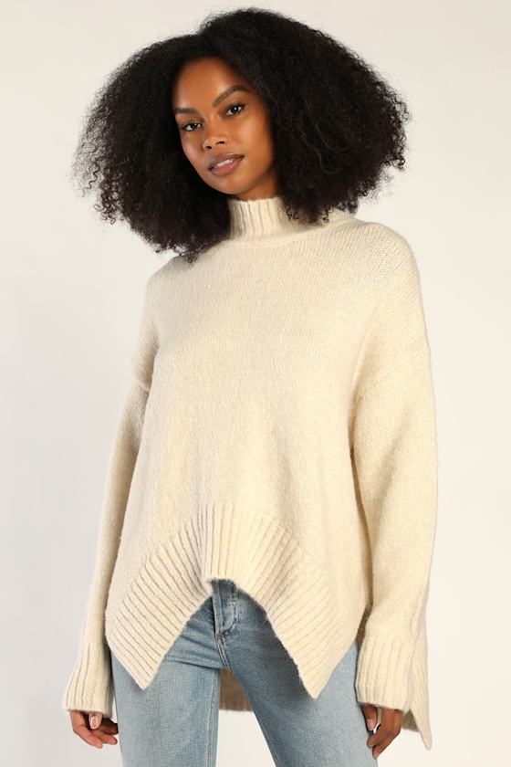 Cream Pearl Accent Mock Neck Sweater main image 1