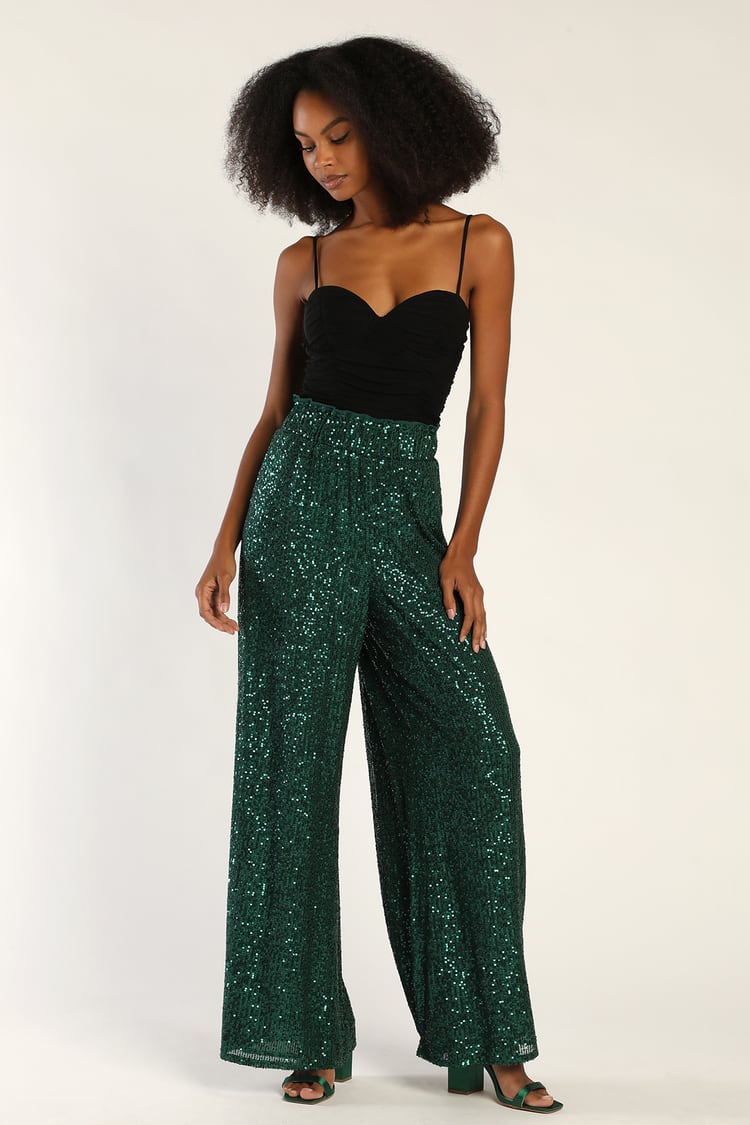 Flawless Sparkle Teal Green Sequin Wide-Leg Pants