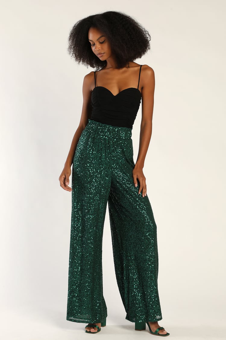 Teal Green Sequin Pants - Wide-Leg Pants - High-Rise Pants - Lulus