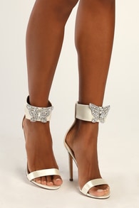 Mariahh White Satin Rhinestone Butterfly Ankle Strap Heels