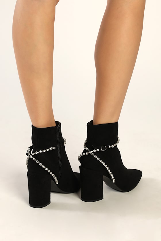 Cute Black Ankle Booties Rhinestone Booties PointedToe Boots Lulus