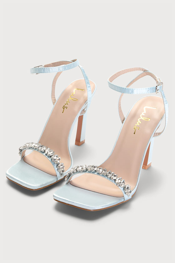 Goldiena Sky Blue Satin Rhinestone Ankle Strap Heels 2