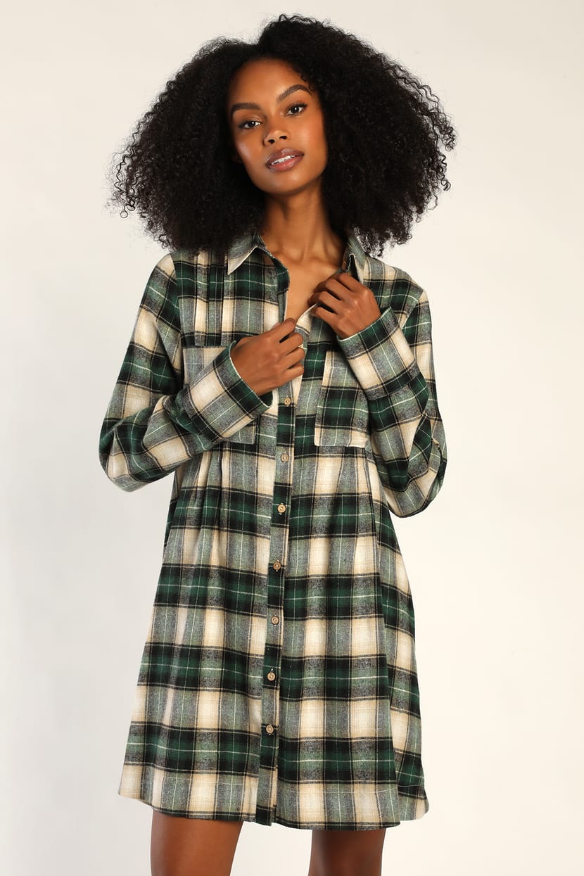 Green Plaid Dress - Shift Dress - Shirt Dress - Plaid Mini Dress